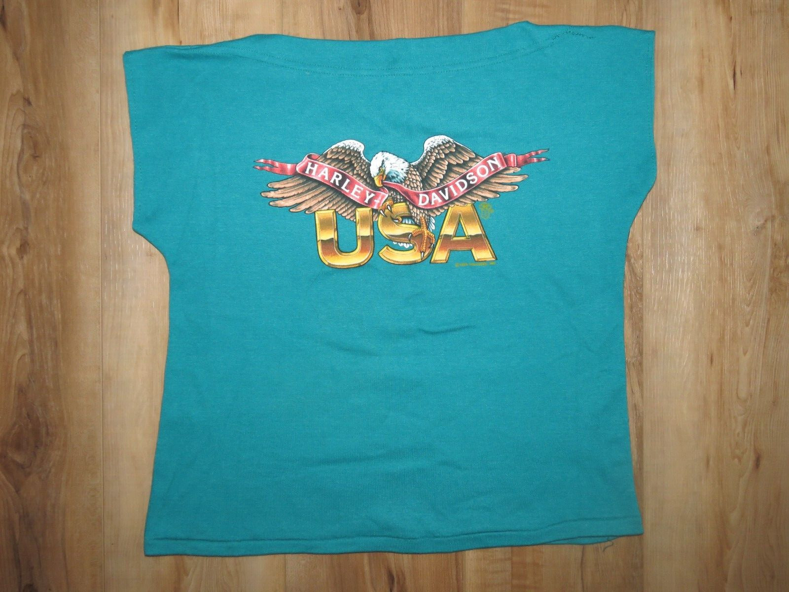 VTG 1982 Holoubek Harley Davidson USA Teal Boatneck Bald Eagle Logo Sz Large