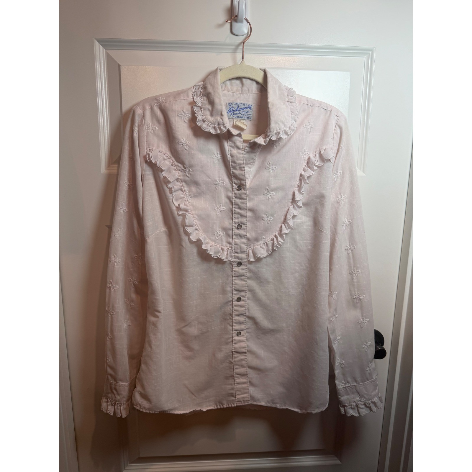Rockmount Ranch Wear Vintage Pink Butterfly Embroidered Ruffle Western Shirt L