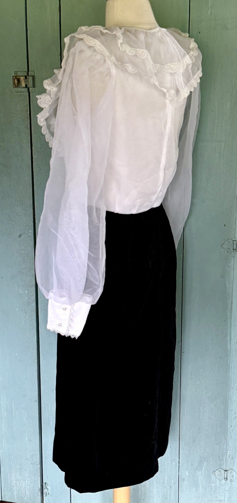 VTG Black Velvet White Organza Dress Straight Skirt Puff Slv Sailor Ruffle 7-8