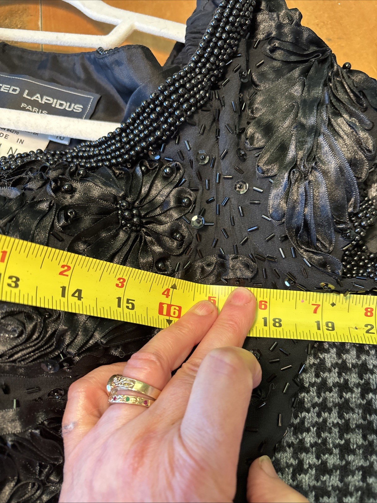 56 VTG Ted Lapidus Paris Off Shoulder Silk Beaded Dress Gown Black Soutache 16