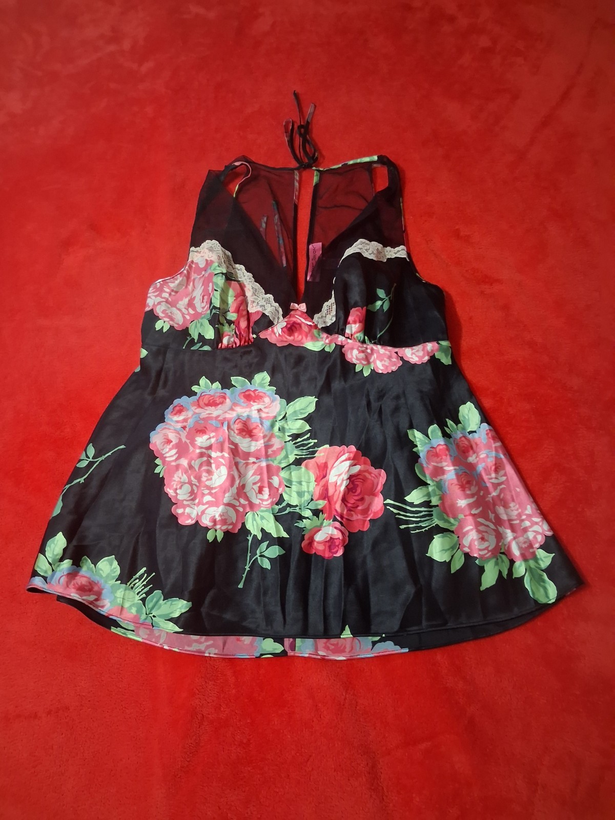 Betsey Johnson Large Cami Top Lingerie Vintage Nylon Black Floral Pretty