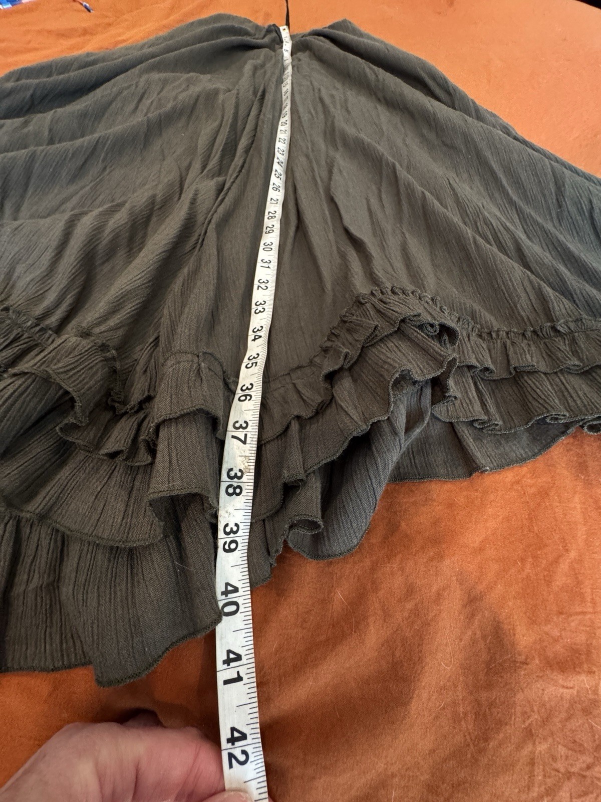 Sz L XL Vintage Olive Green Broom Stick Maxi Skirt Gauze Ruffled Full Peasant