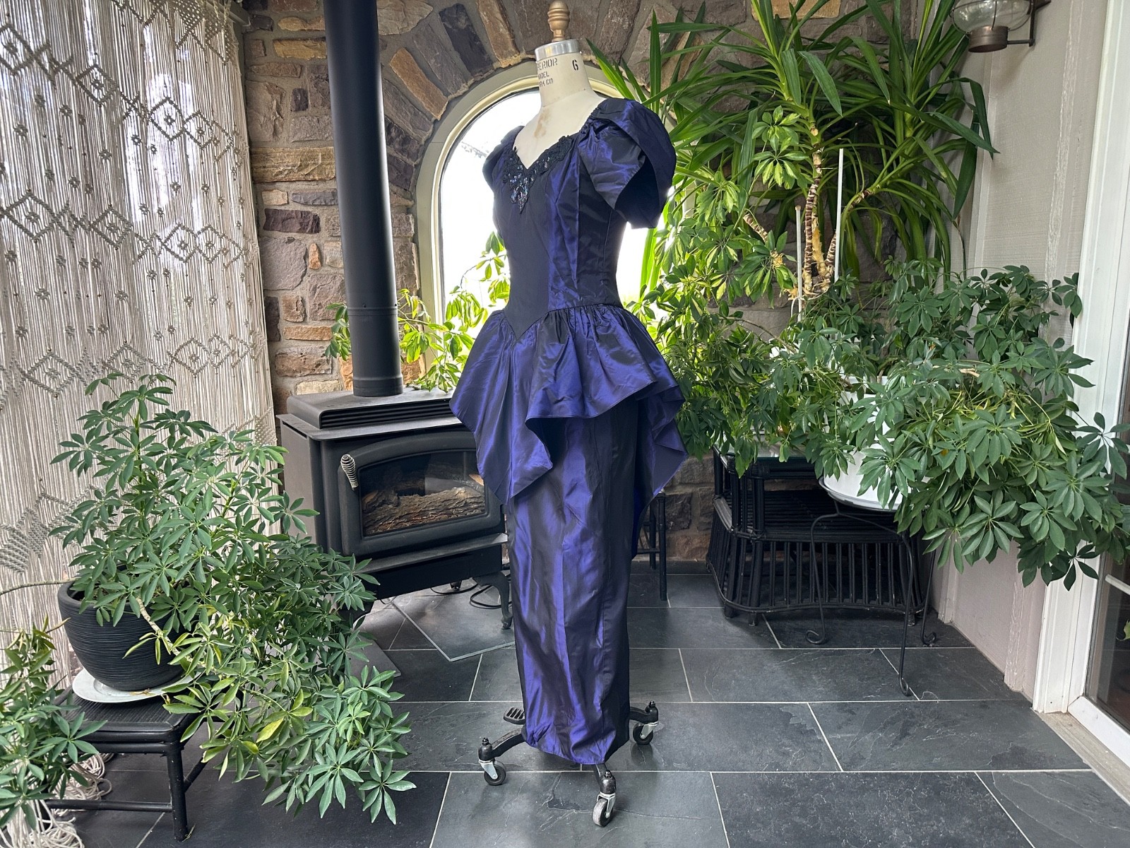 Vintage 1980s Purple Iridescent Taffeta Sequin Drop Waist Formal Maxi Dress