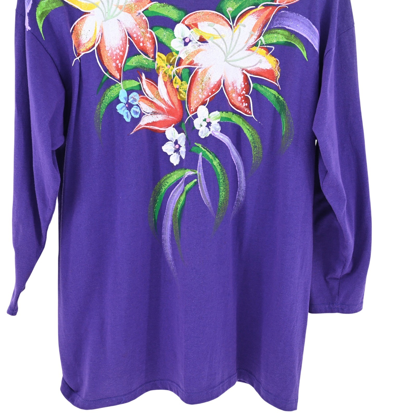 VTG Focus Puff Paint Hand Painted Floral Purple Shirt Womens One Size 90s USA