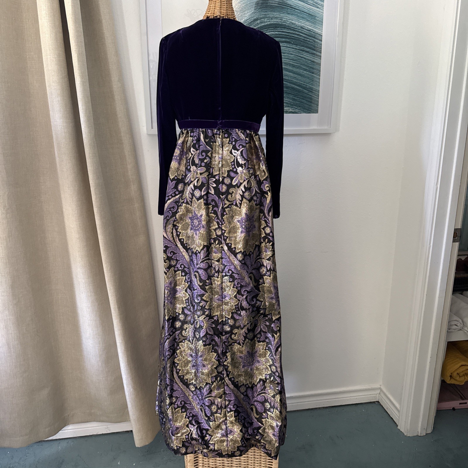 VTG Kent Originals Purple Velvet V Neck Brocade Black Gold Velvet Empire Gown