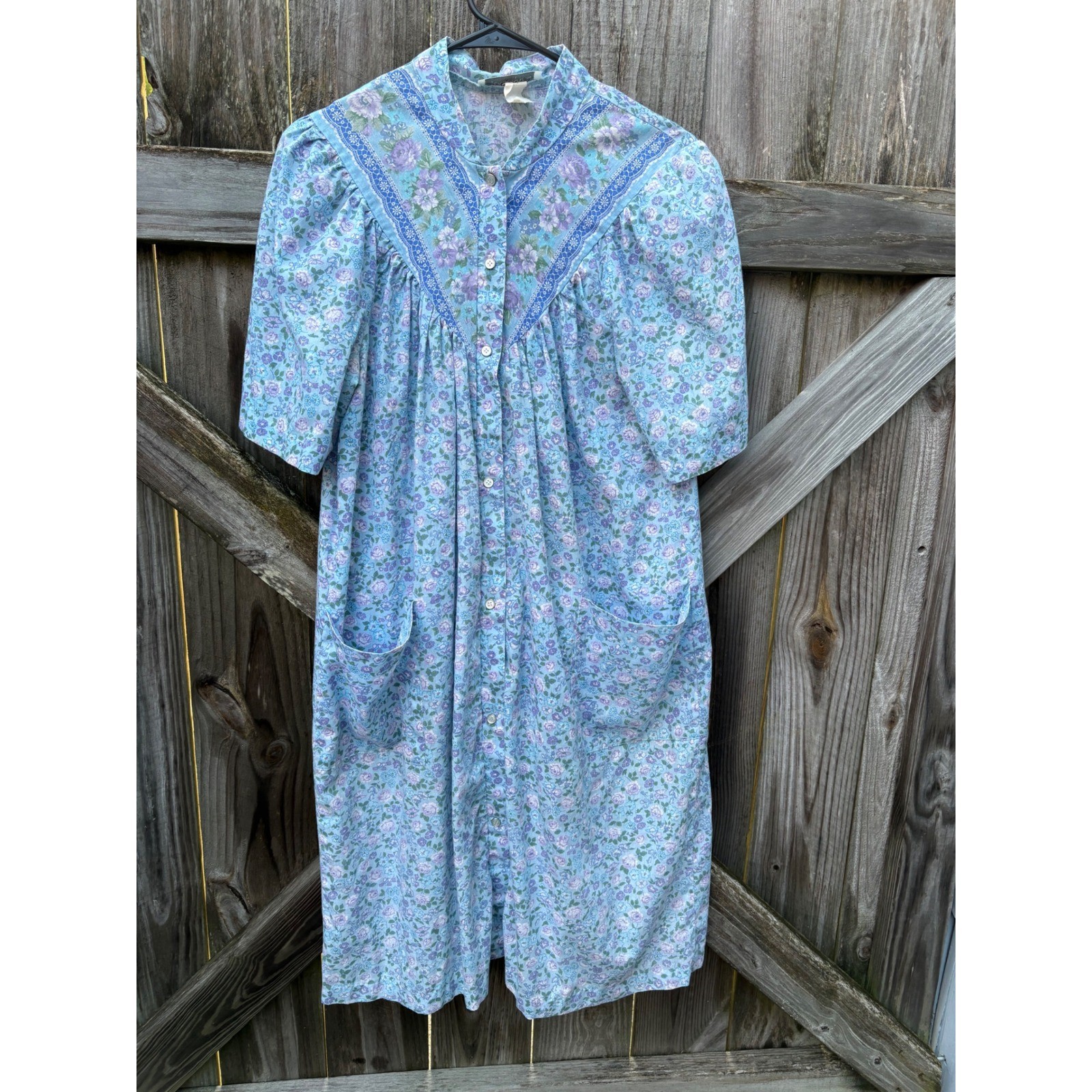 Herbcraft II Vintage Floral House Dress Blue Purple Snap Front Duster Pockets