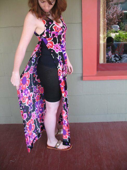 VTG 60s 70s Long Dress Slit Side Top Mod Hippie Festival Pop Floral Graphic S/M