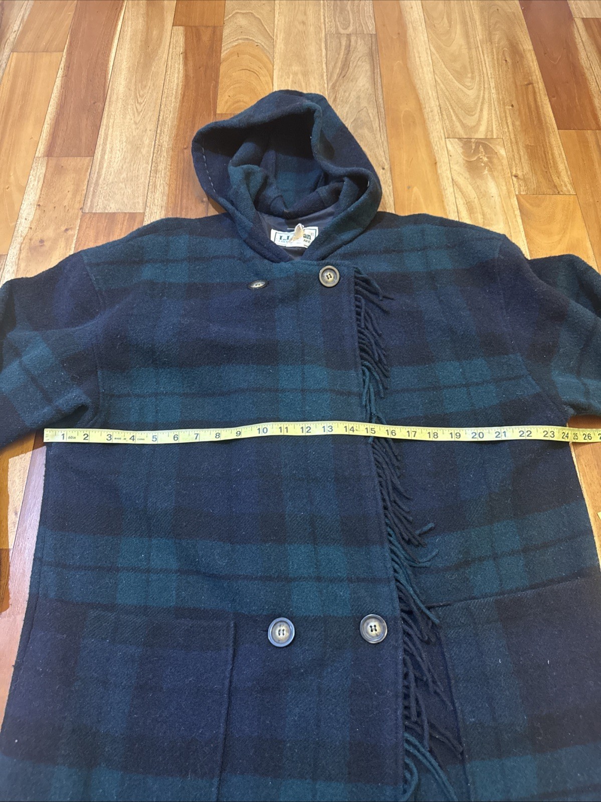 VTG 80s L.L. Bean Plaid Tartan Green Multi Fringe Wool Coat Hood Womens Large