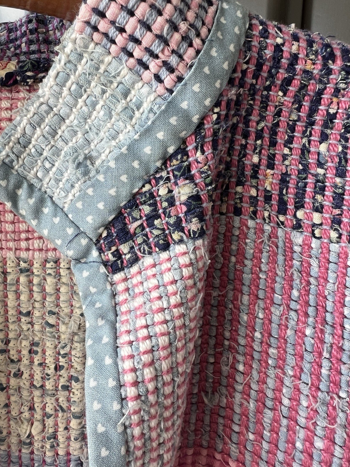 Handwoven Patchwork Jacket Women’s Cottagecore Boho Textile Coat Art To Wear EUC