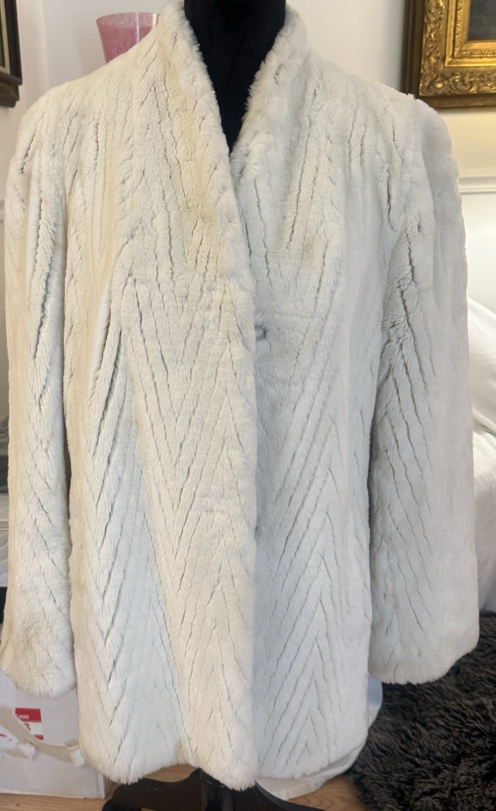 Vintage Jacques Saint Laurent Genelle Ivory Faux Fur Coat Jacket Size L/XL