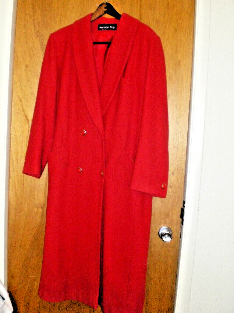 Herman Kay 12 Red Double Breasted Trench long Coat Wool Blend Ships Free