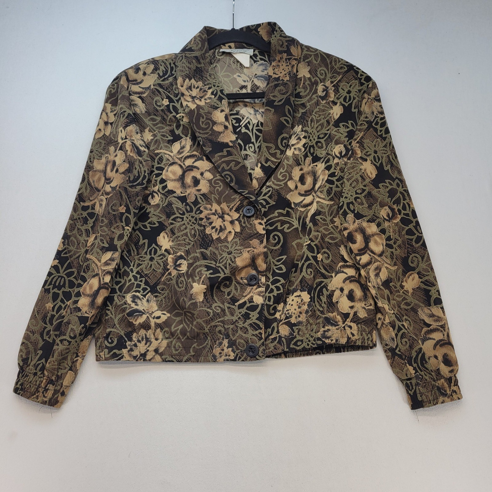 Kensington Square Vintage Jacket Women Small Brown Floral Button Up Elastic Hem