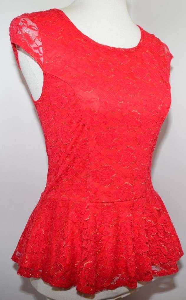 VTG IZ Byer Red Floral Glitter Lace Glitter Sheer Fitted Peplum Women S USA Made