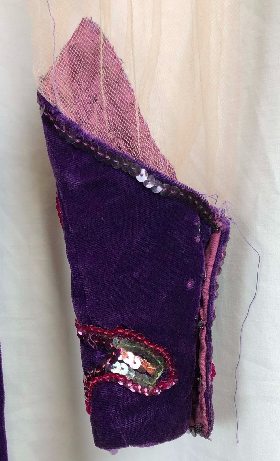 1910’s 1920’s 1930’s Purple Velvet Midi Dress with Sequins, Mesh Sleeves