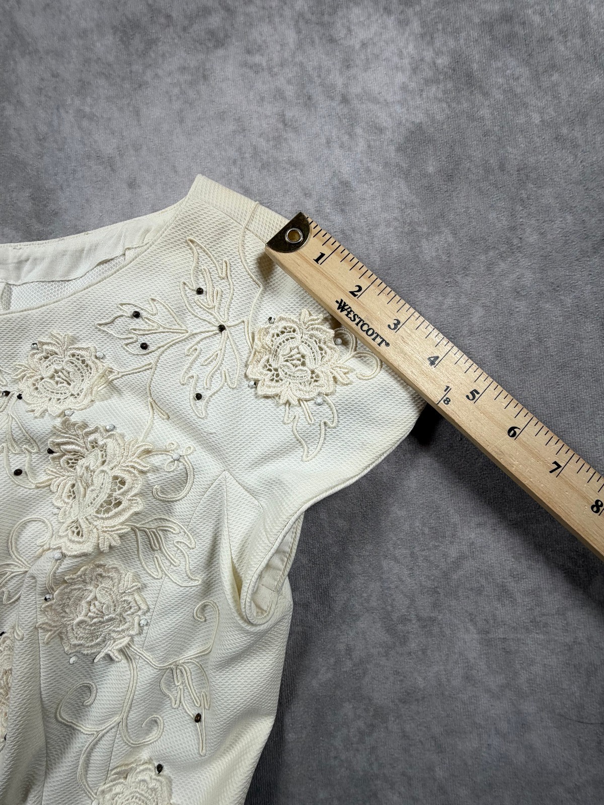 Carlye Vintage Womens Dress Ivory Floral Applique Cap Sleeve XS/S 50s 60s