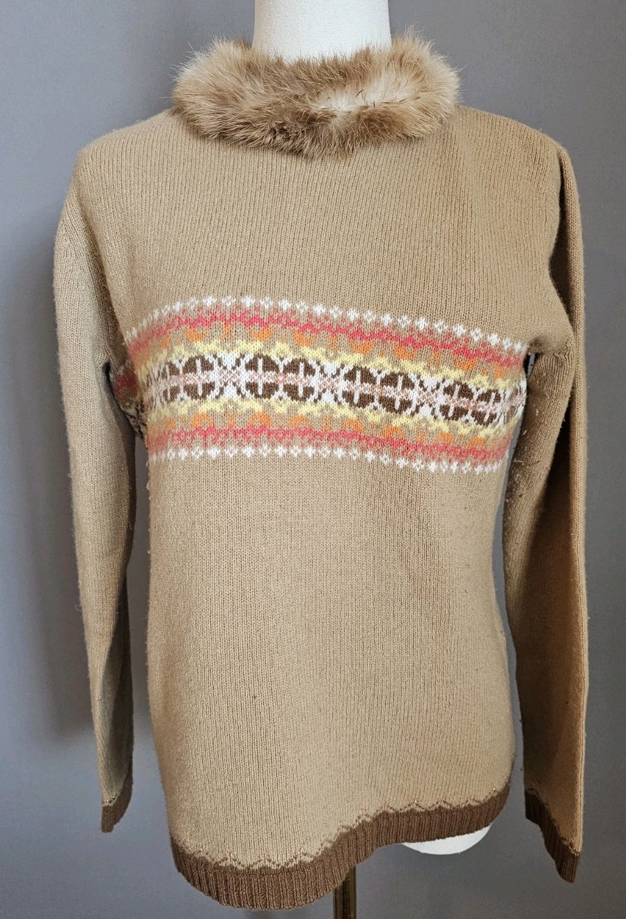 Vintage Casual Corner Lambswool Cashmere Sweater Real Fur Collar M Y2K Fair Isle