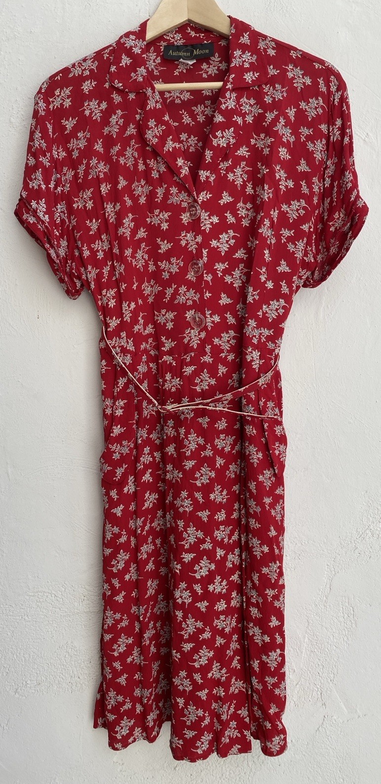 Vintage 90s Autumn Moon S M Rayon Belted Dress Pockets Red Floral USA Retro 50s