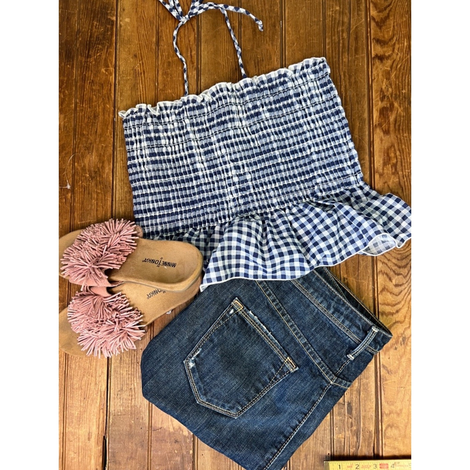 Vintage 80s smocked stretch crop top Navy and White Gingham Ruffle bottom