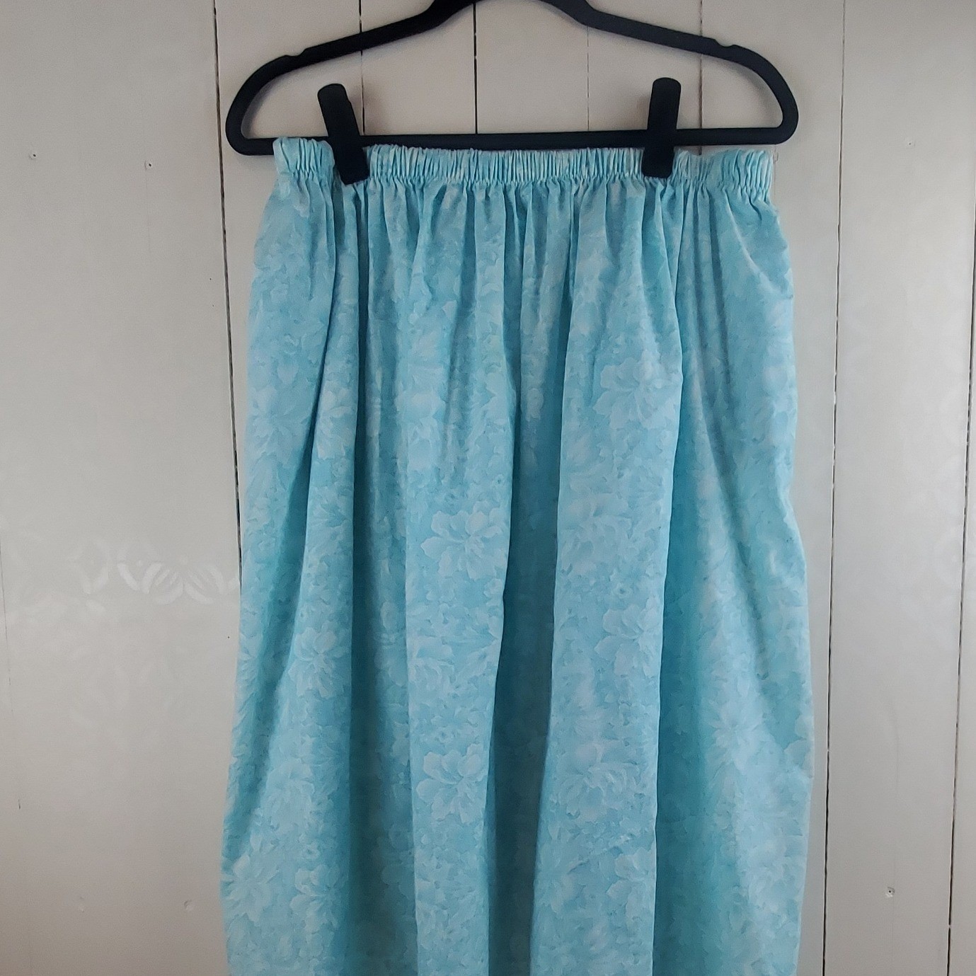 Vintage Floral Midi Skirt Turquoise Blue White Elastic Waist Pockets Boho