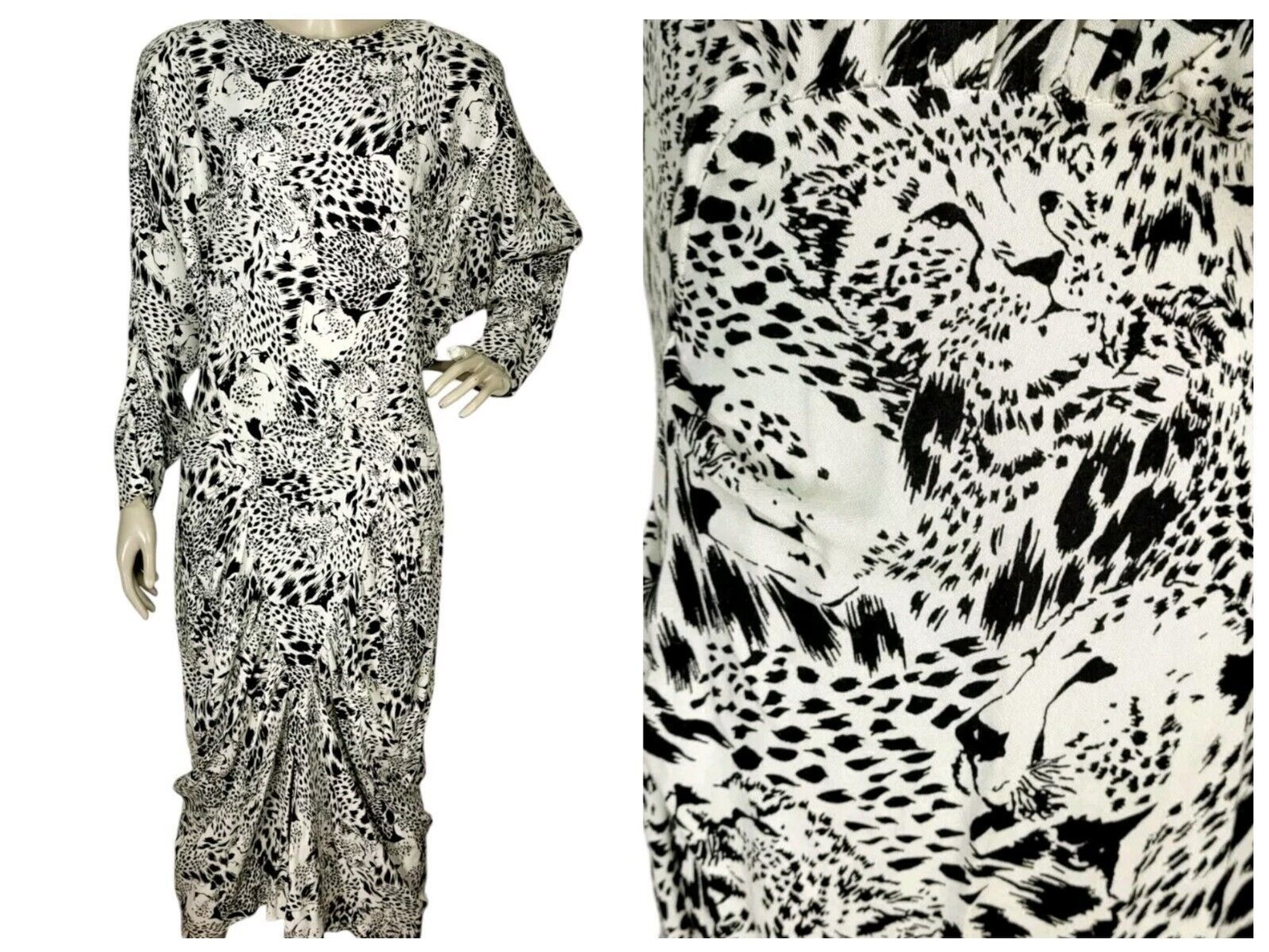 Vintage Ashlee California Cheetah Cat Print Gathered Batwing Sleeve Dress Size 8