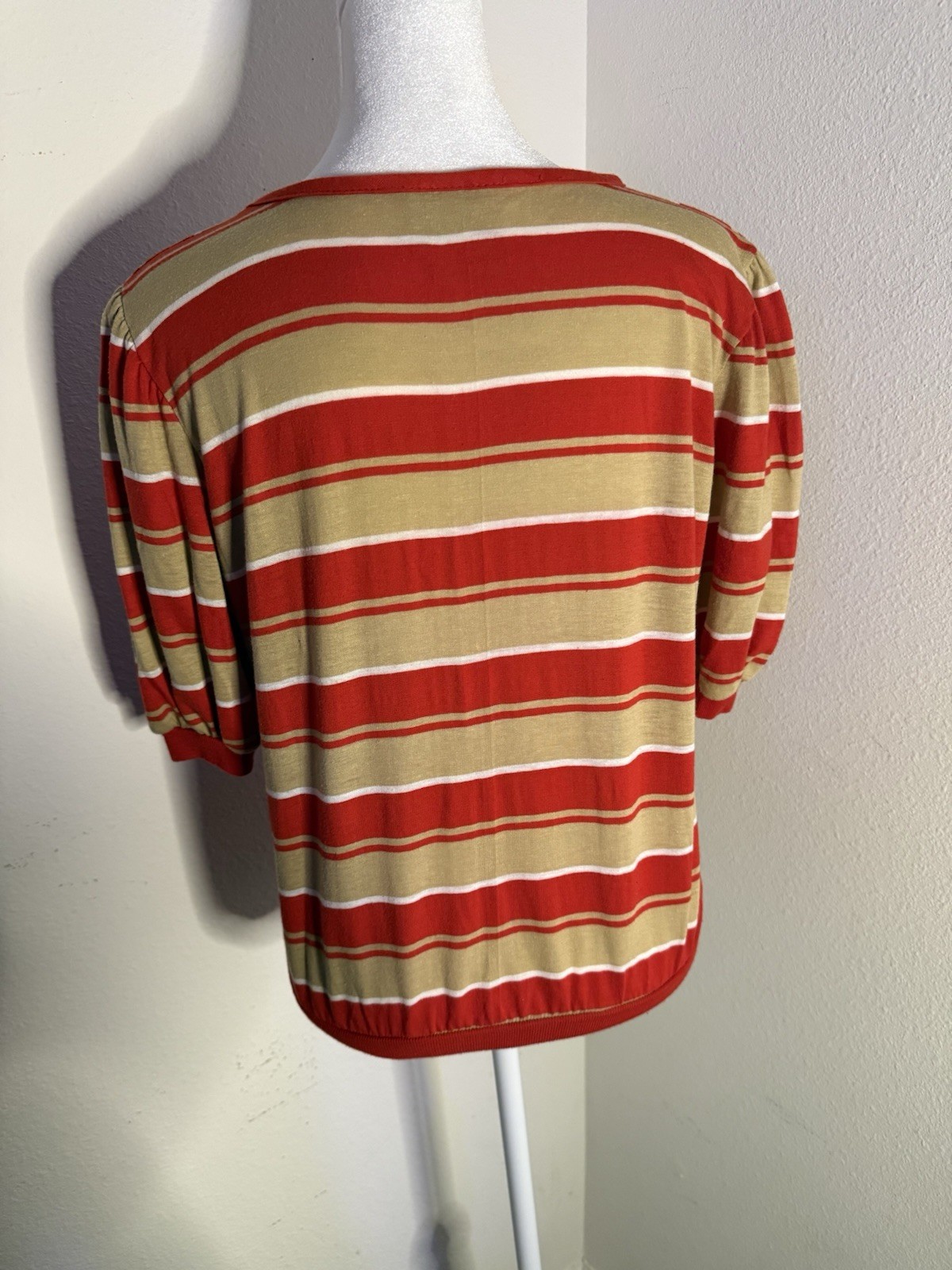 VTG 70s Sears The Fashion Place Chevron Blouse Banded Waist Shirt Puff Sleeve M