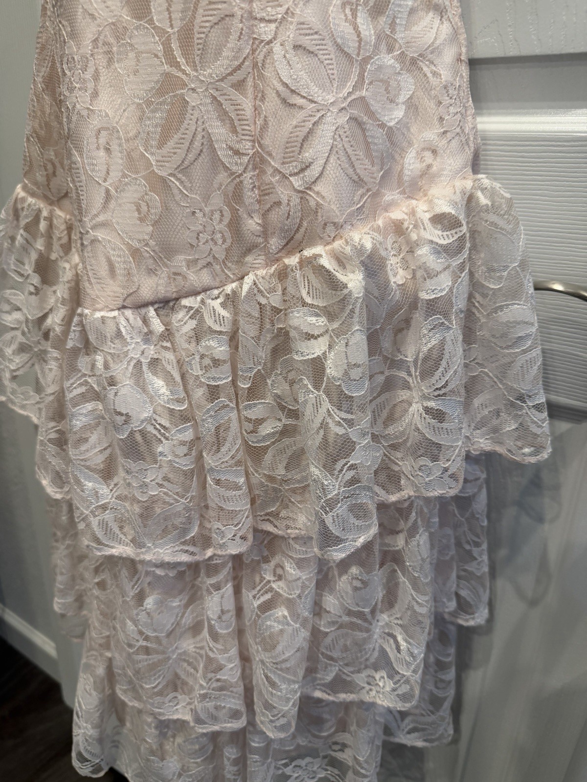 Vintage FLIRTATIONS 80s Prom Party Dress Pink Lace Ruffle Strapless S Alfred Ang