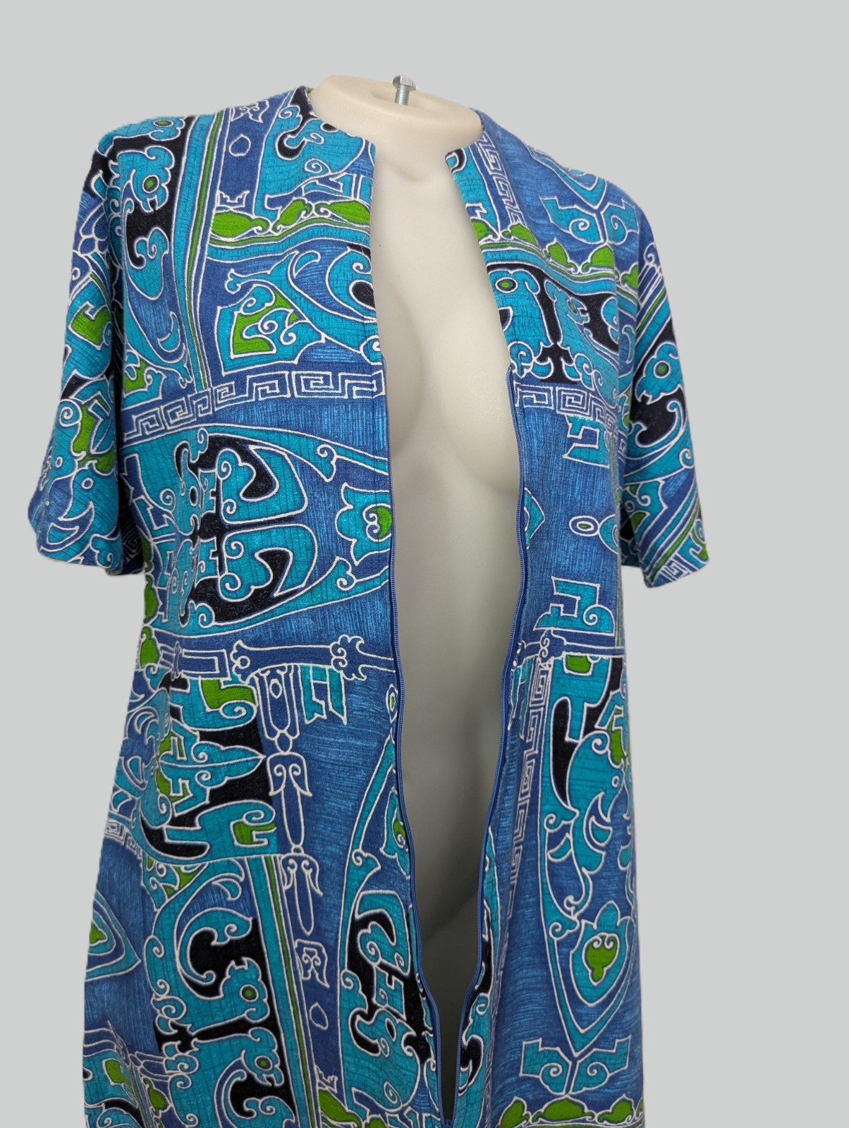 Vtg 70s Two Potato Tribal BARKCLOTH Angel Wing Boho Dress – Blues Greens MEDIUM