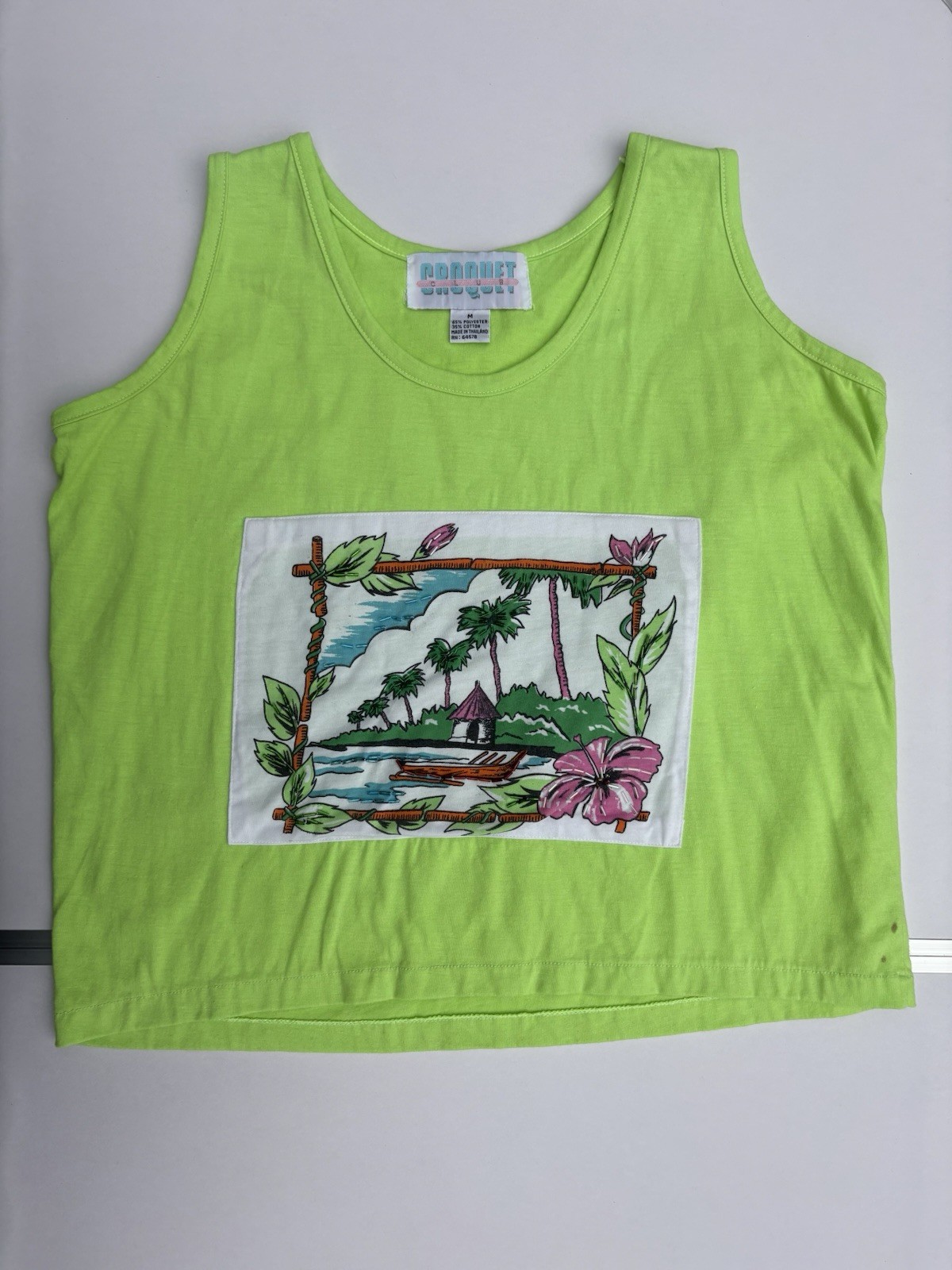 Vintage 90s Lime Green Tropical Print Boxy Tank Top with Beaded Embellishments M