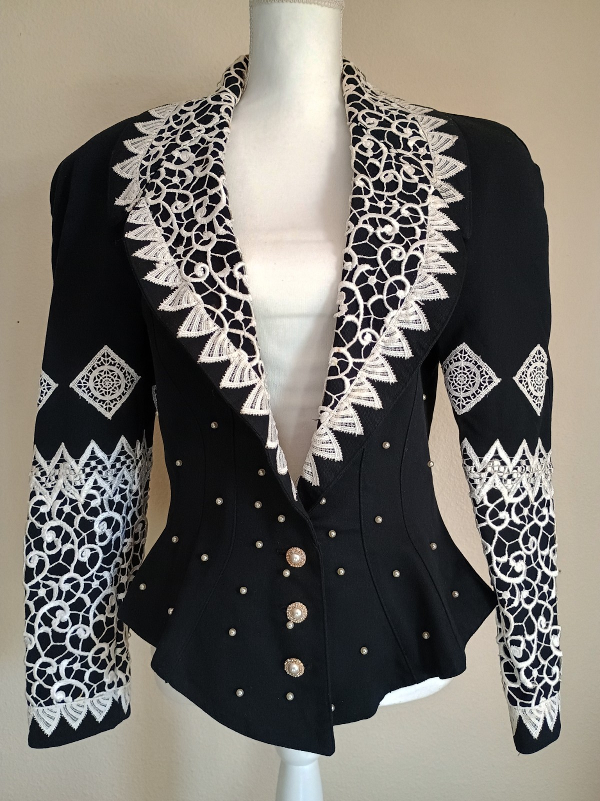 Vintage 80s IIF Jacket Black With White Lace & Faux Pearls Structured Glam