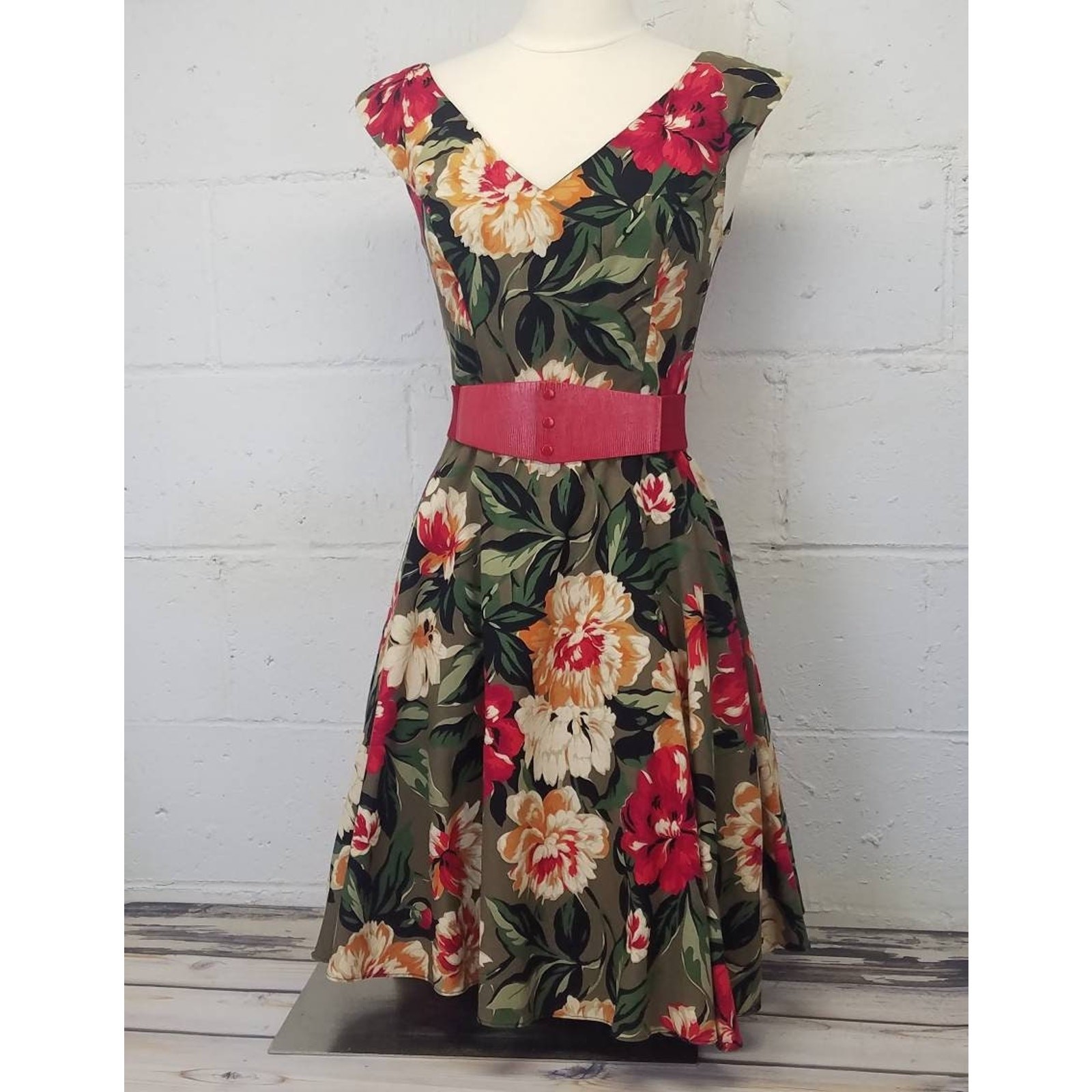 Vtg 80s Polished Cotton Off The Shoulder Floral Novelty Print Dress Crinoline SM