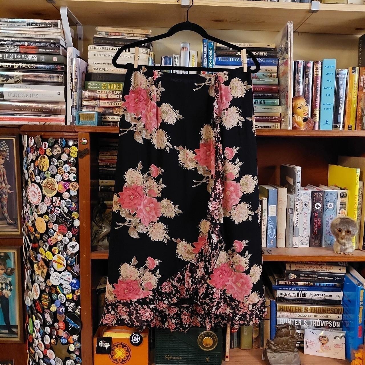 Vintage black and pink floral ruffle skirt