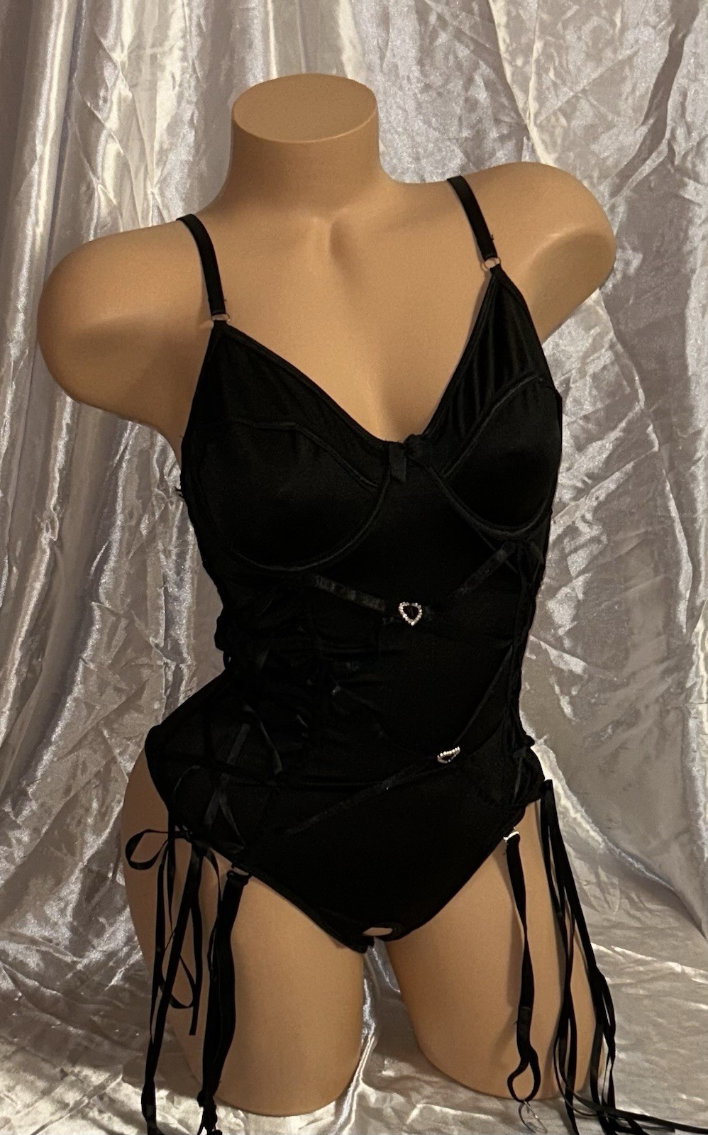 AVIDLOVE Black Crotchless Rhinestones Garter Belt Lace Sides One-Piece Nightie L