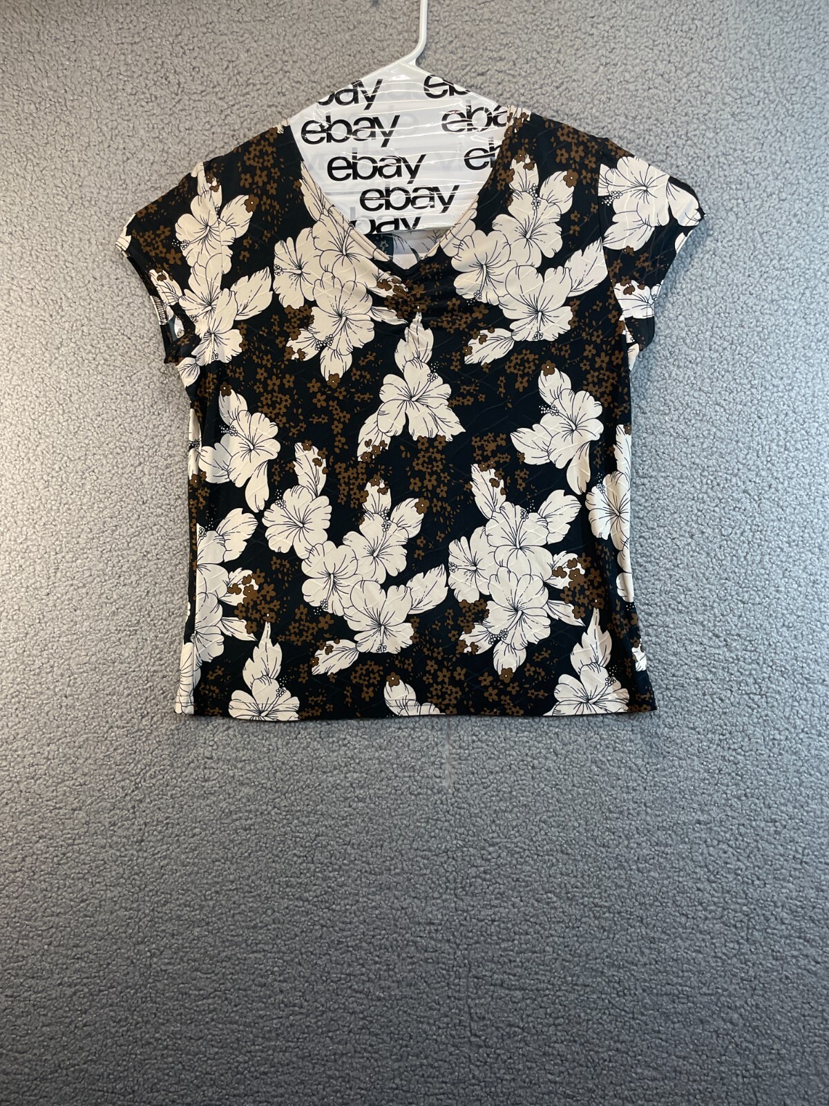 Claudia Richard Stretch Top Black Floral Print, V Neck, XL