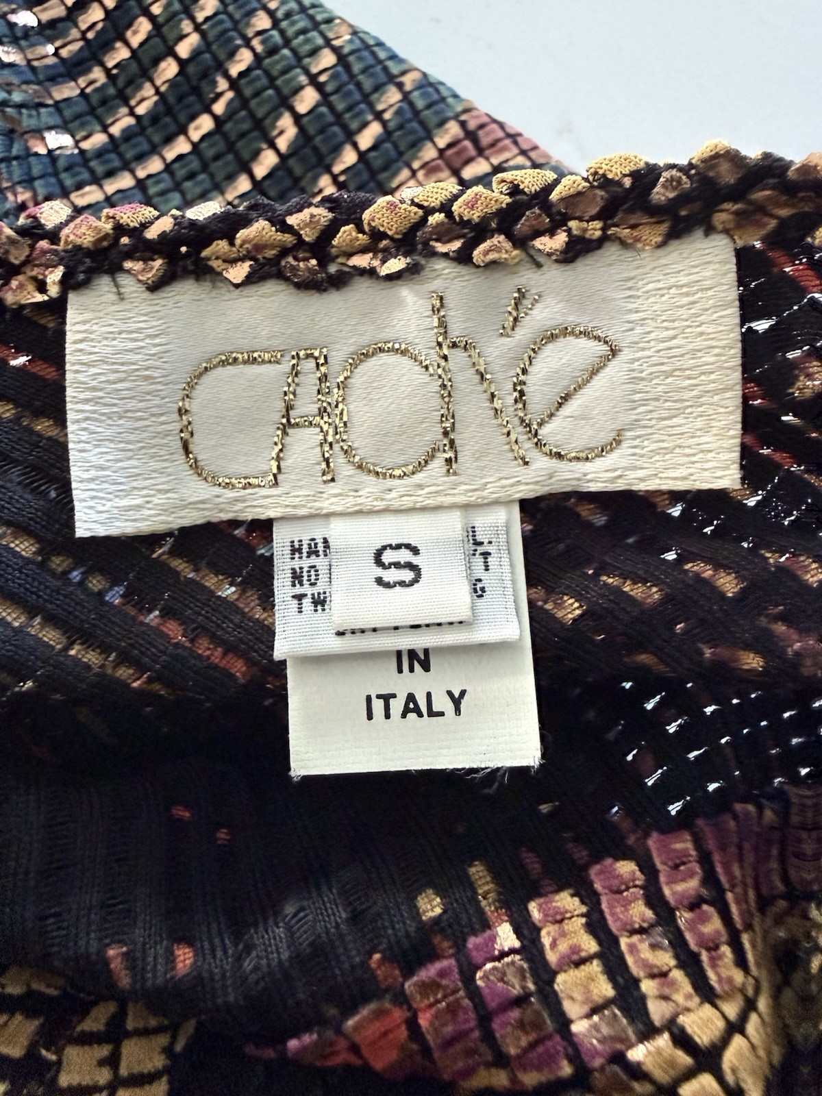 Vintage Cache Metallic Mosaic Dress Womens Size S Made In Italy 80s Midi