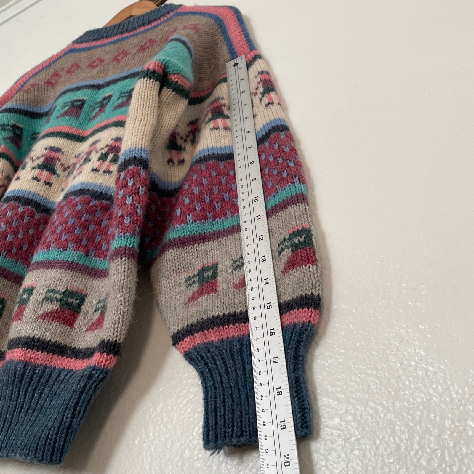 Vintage Hand Knit Wool Fair Isle Sweater Paper Doll Pattern Multi Color Chunky