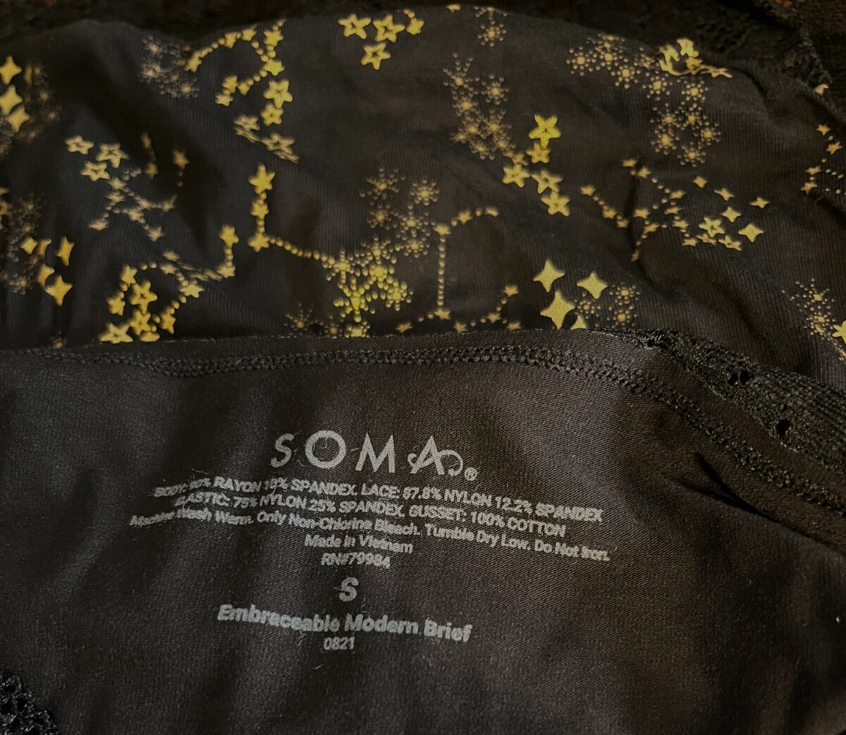 524 SOMA Small Celestial Gold Stars Embraceable Lace Brief Panty NWT Discontinue
