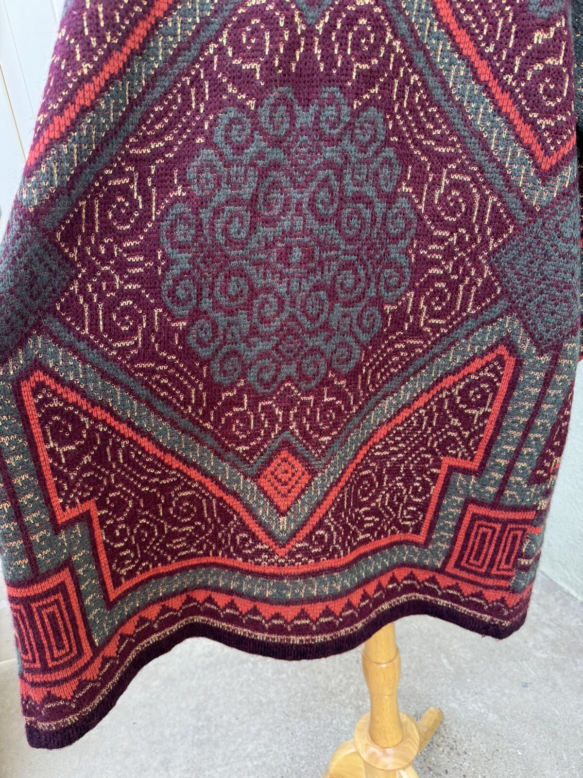 Vtg Cervelle Long Sweater Duster Size XL Burgundy Gold Wool Lurex Fall Pockets