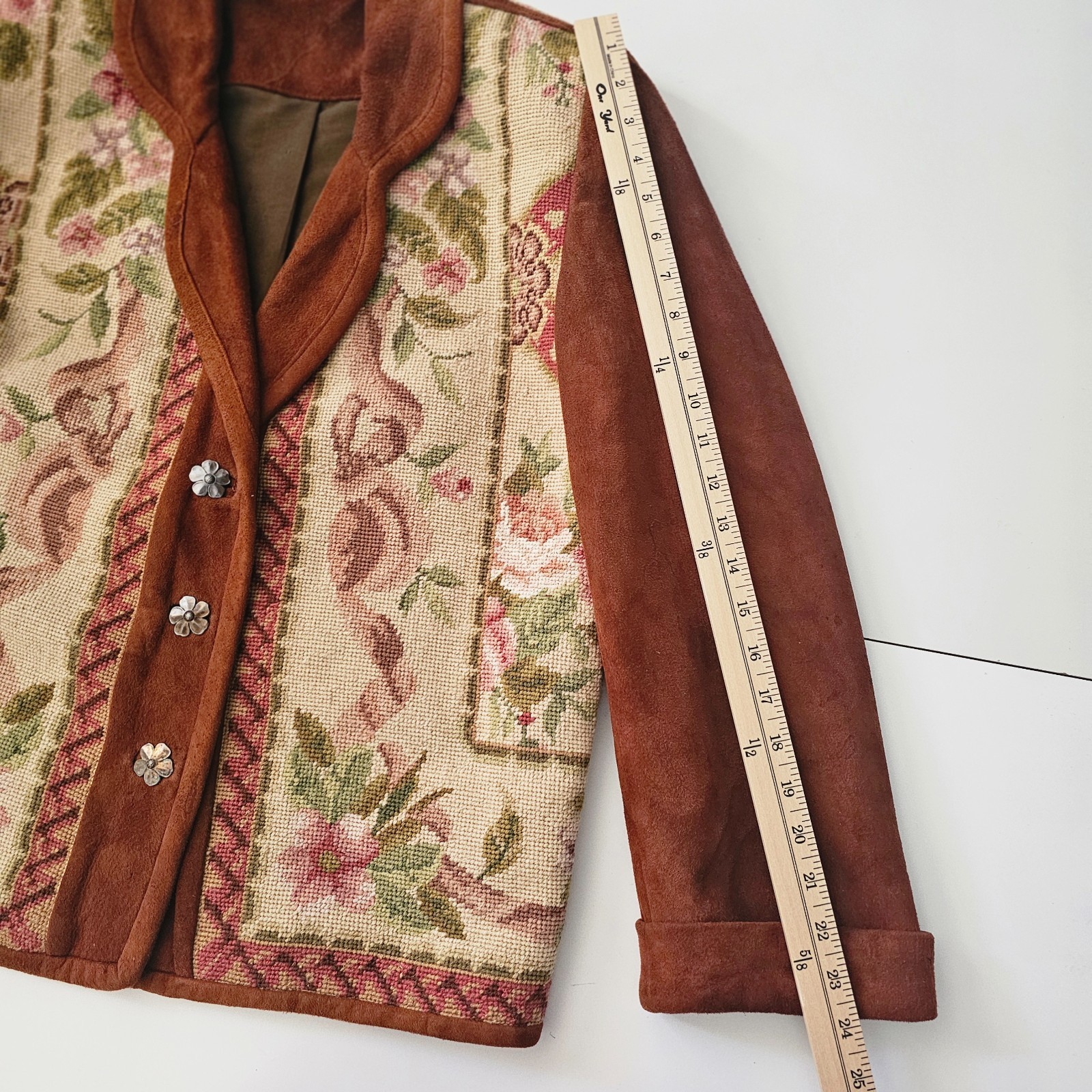 Vtg. BOUCHER Santa Fe Womens Suede Jacket Wool Floral Needle point Tapestry .925