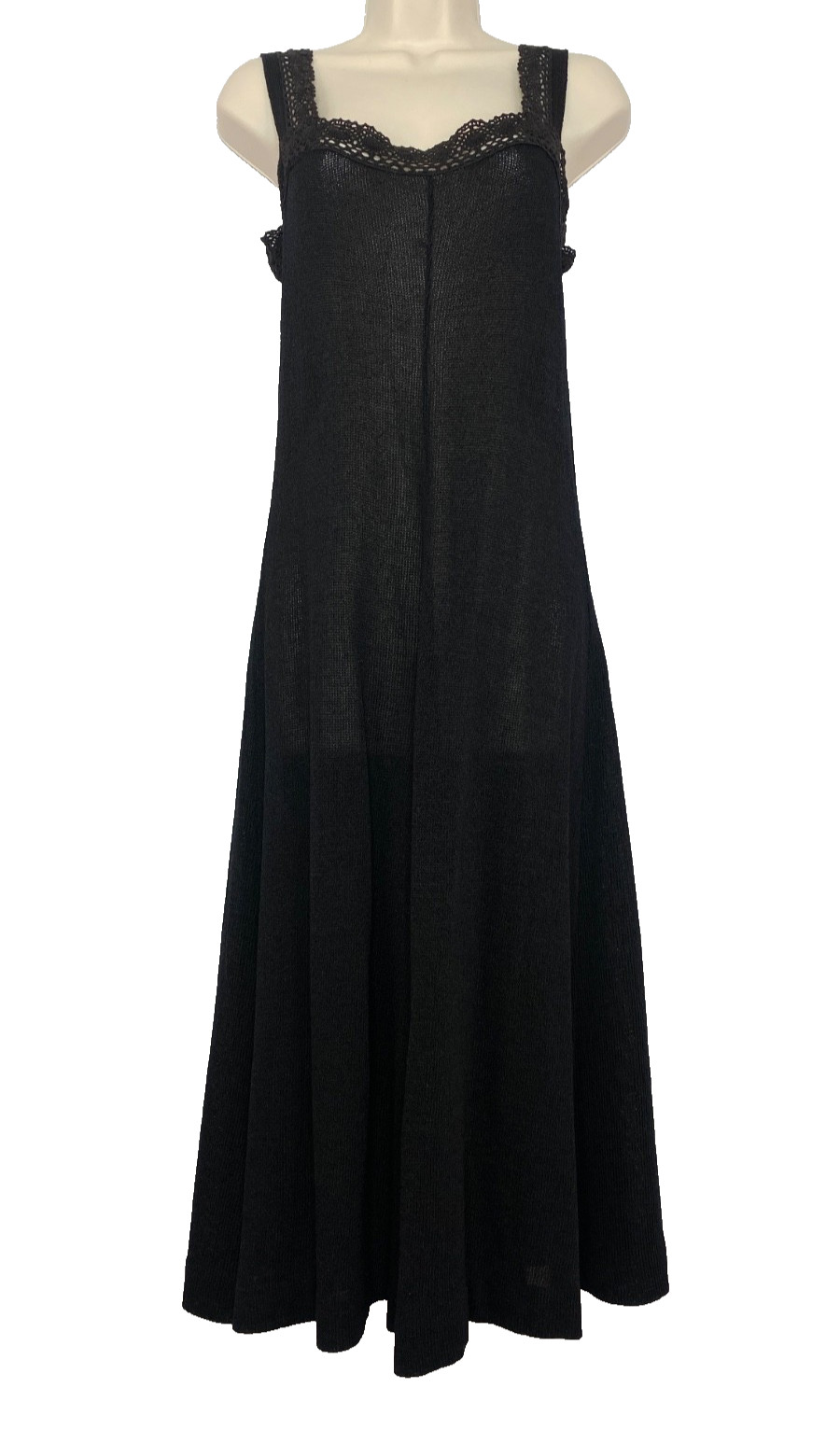 Vintage 1970s black knit dress XS Italy sleeveless sheer lace midi maxi A-line