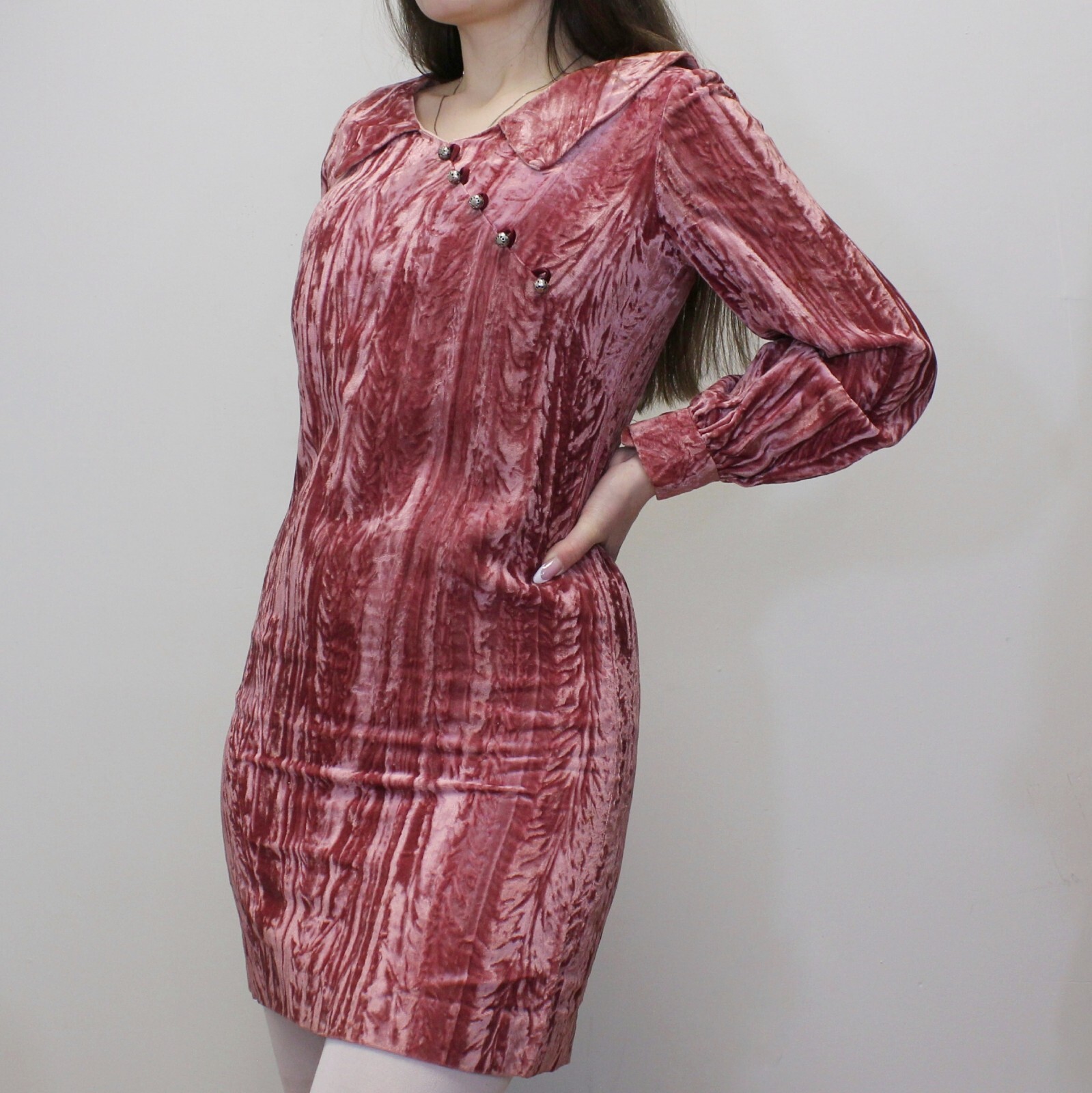 Vintage 60s Pink Crushed Velvet Mod Babydoll Mini Dress from Petites by Suzy