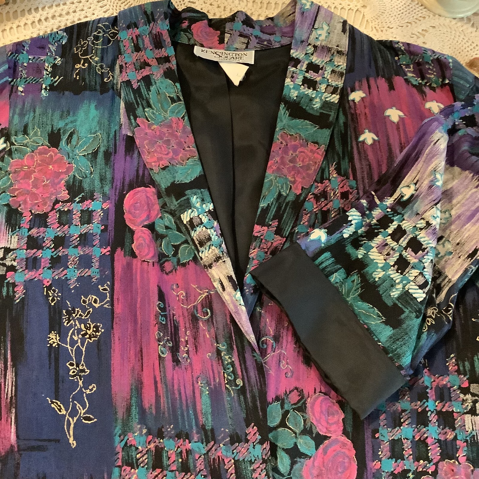 Kensington Square teal purple floral women blazer jacket size M new wave 80s