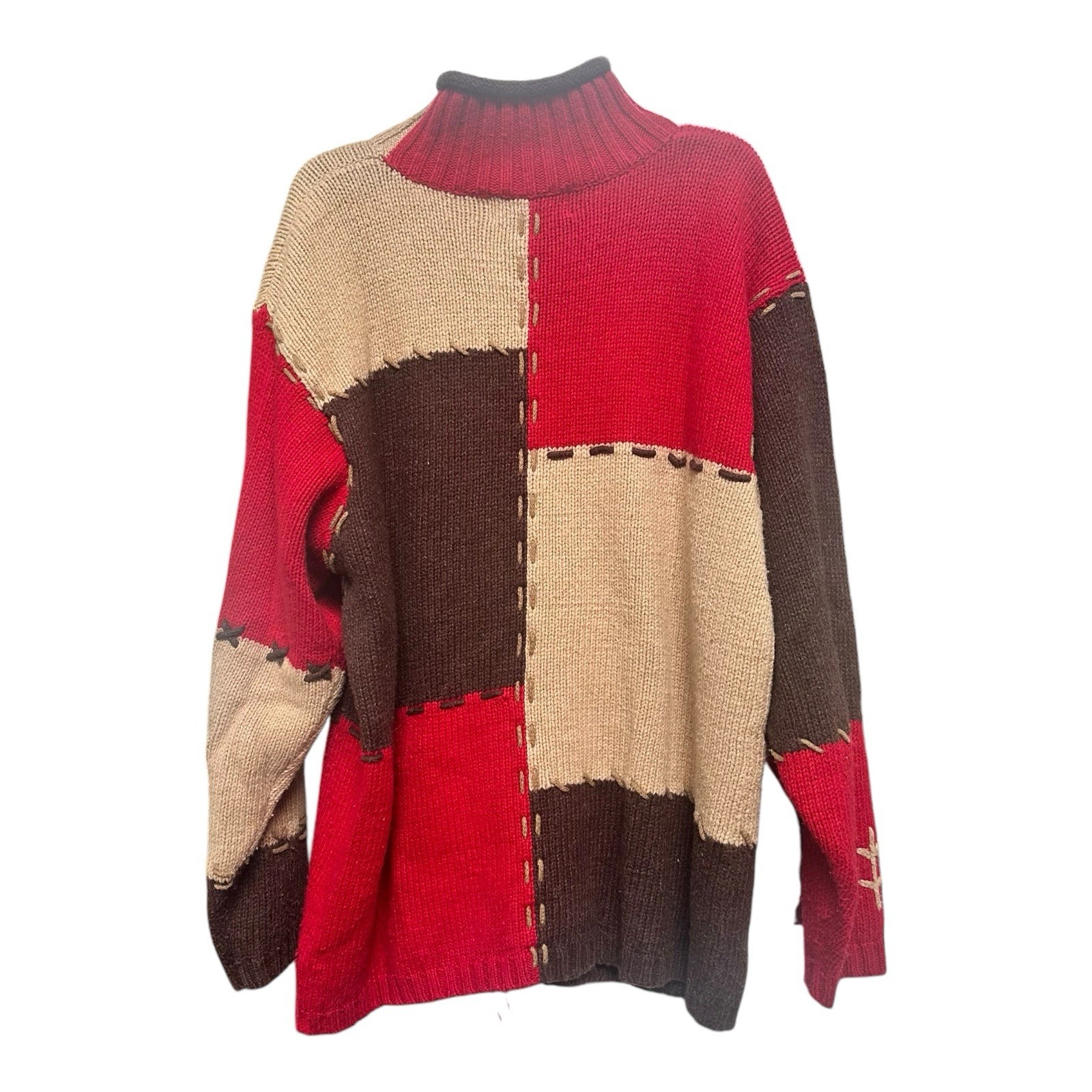 Vintage Mandal Bay Patchwork Sweater Trees Zip Up Ramie Wool Blend XL Grannycore