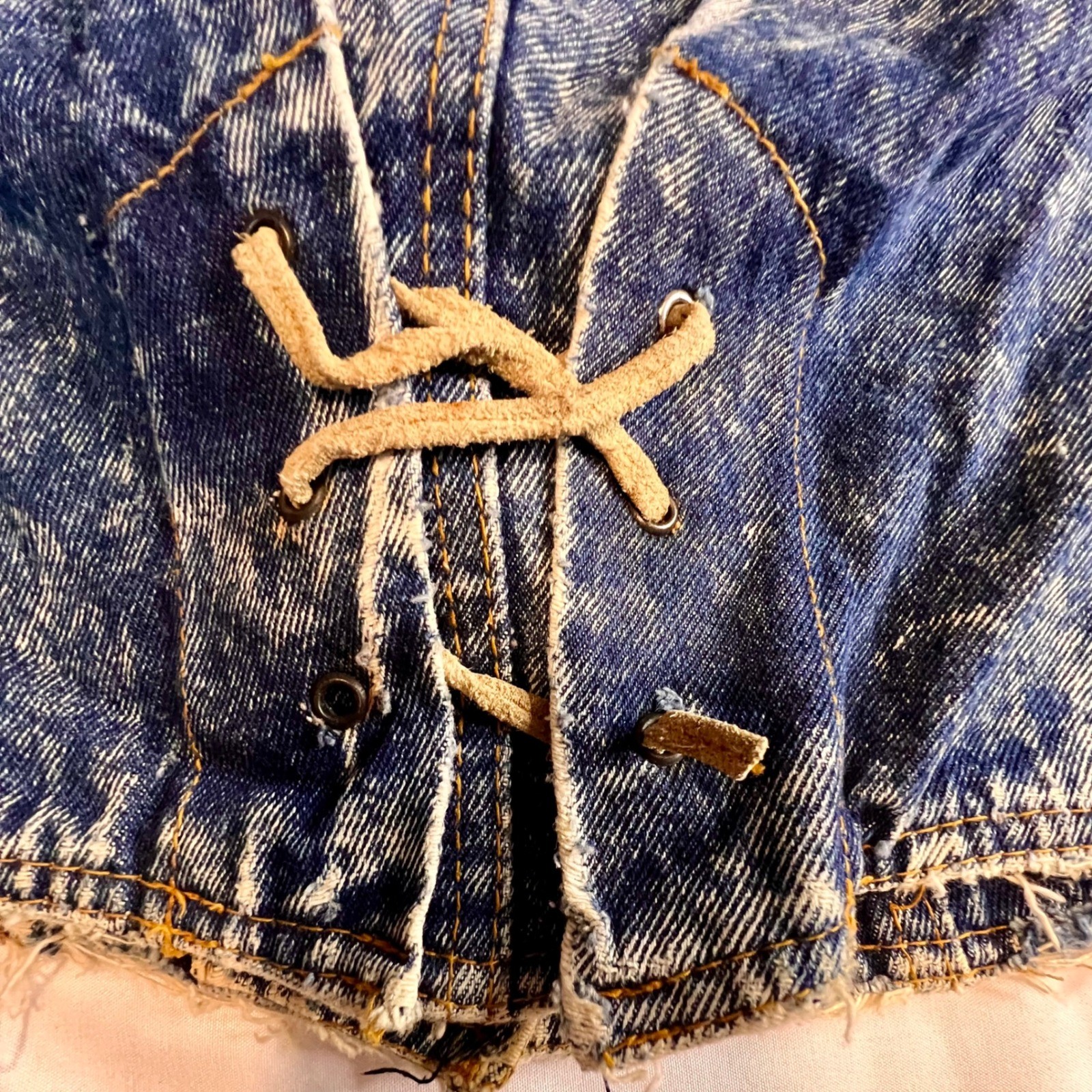 Learsi S Acid Wash Denim Jean Jacket Blue Fringe LaceUp Western 80s Retro Grunge