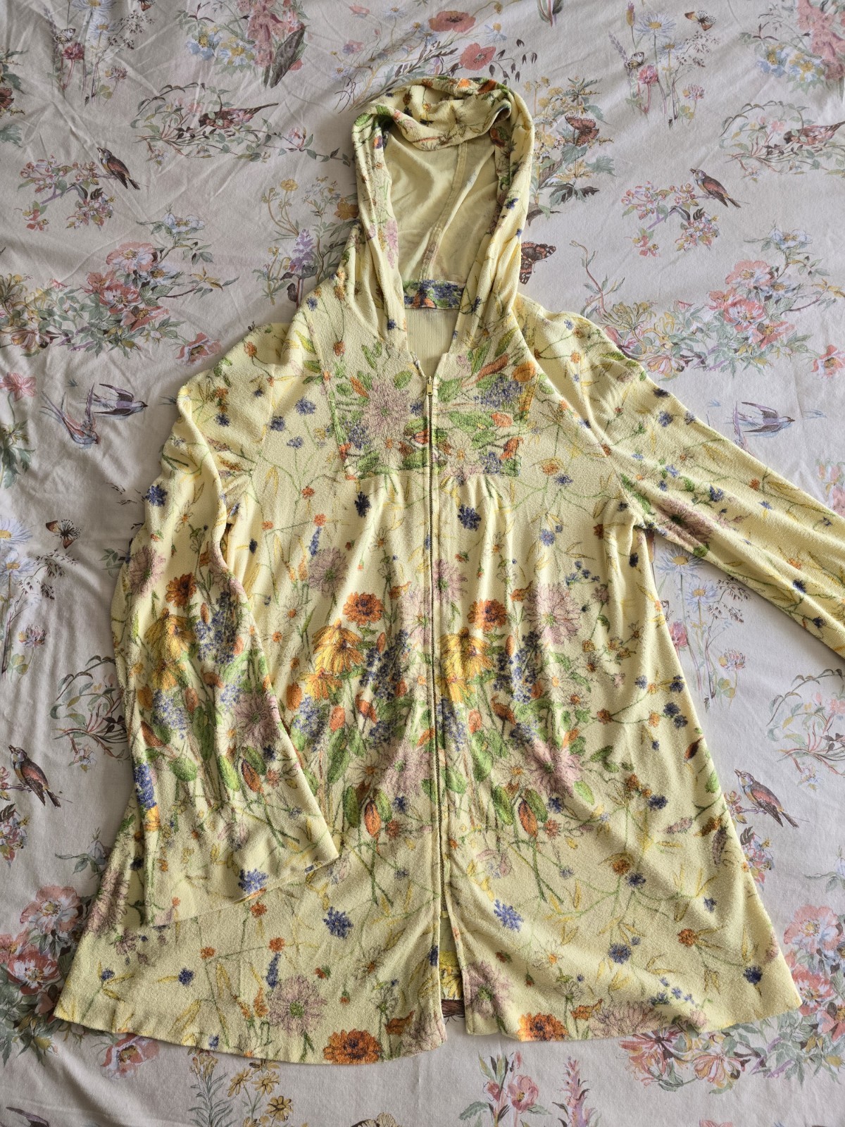 Vintage 60s 70s Floral Terry Cloth Zip Up Hoodie Talon Zipper Womens Med/large