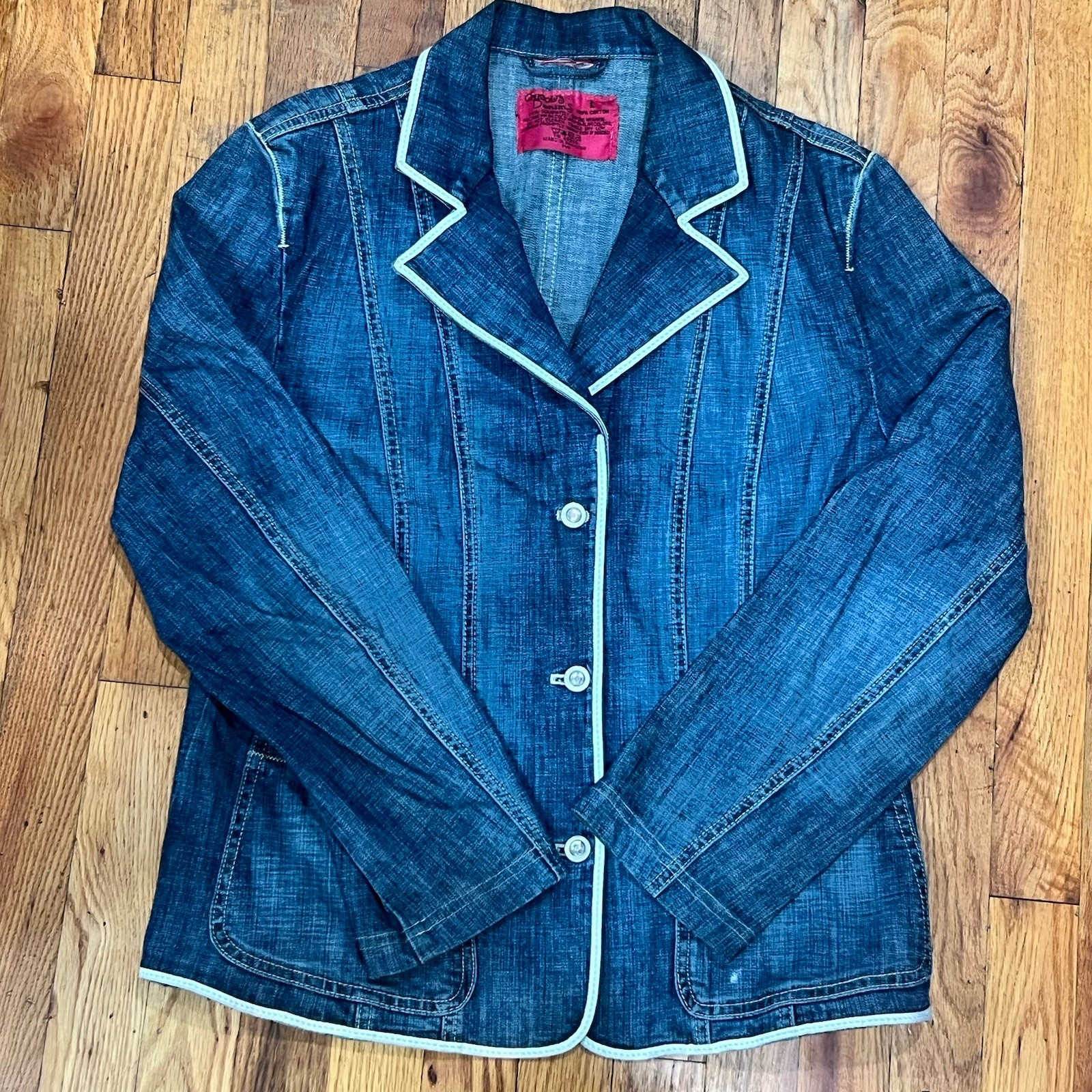 VTG Carol’s Denims Blazer Jacket L Blue Jean White Piping Preppy Cottagecore Y2K