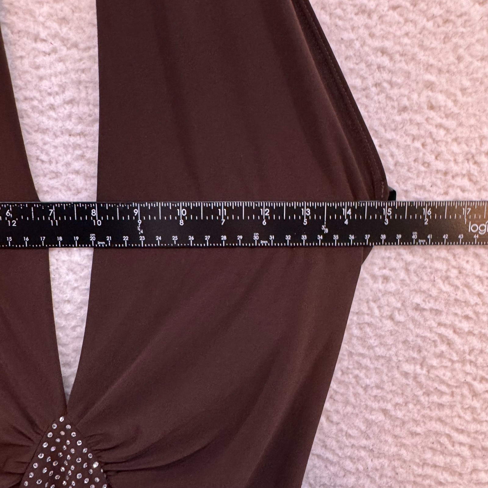 90s Y2K Vintage Halter Mini Dress Medium Brown Plunge Backless Rhinestone Gogo