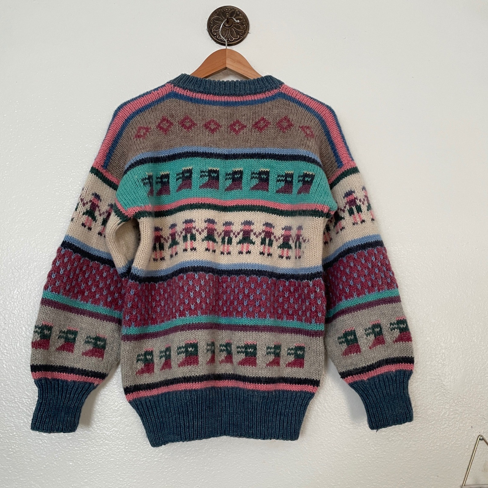 Vintage Hand Knit Wool Fair Isle Sweater Paper Doll Pattern Multi Color Chunky