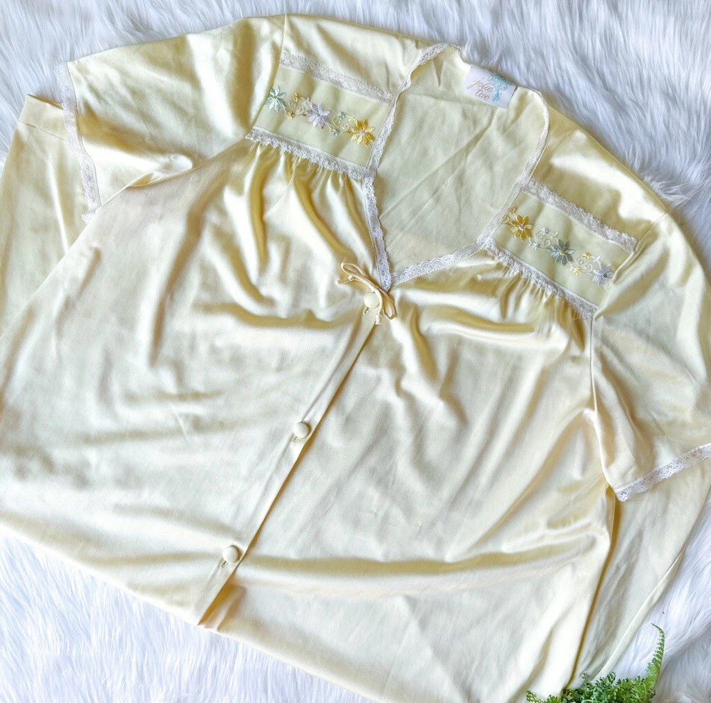 VTG Jolie Two Lingerie Yellow Floral Spring Embroidered Nightgown Pajamas PJs L