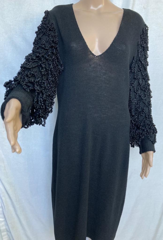 Milton Ford Sweater Dress Midi Shaggy Unique Sleeves Crochet Knit Shoulder Pads