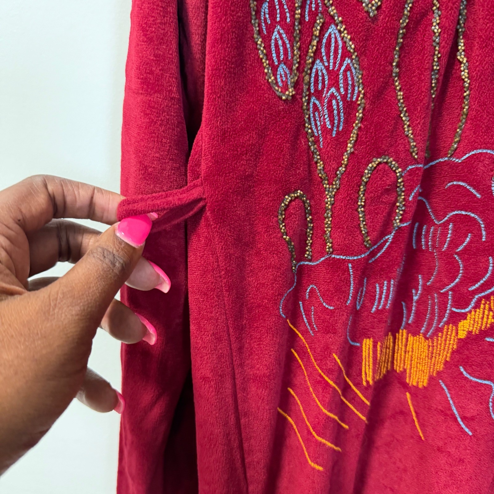 Vintage Paulette New York Red Velour Beaded Pagoda Maxi Hostess Robe Small